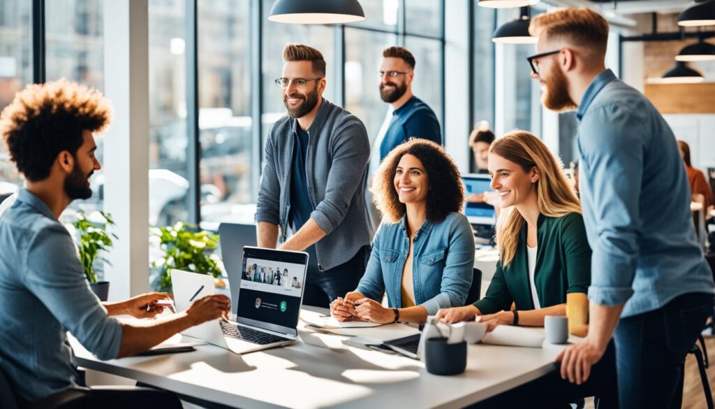 Diverse gig workers collaborating in a modern workspace